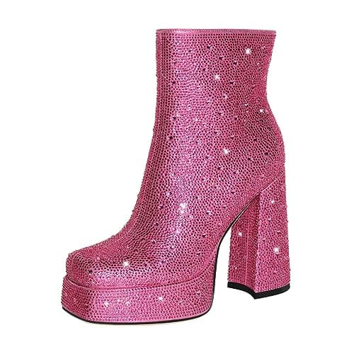 Richealnana Women's Platform Rhinestones Bling Ankle Boots — Pink