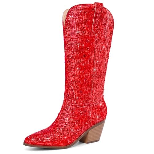 RONILURN Women's Cowgirl Ankle Boots with Rhinestone Heel — Mid Calf Red Rhinestone