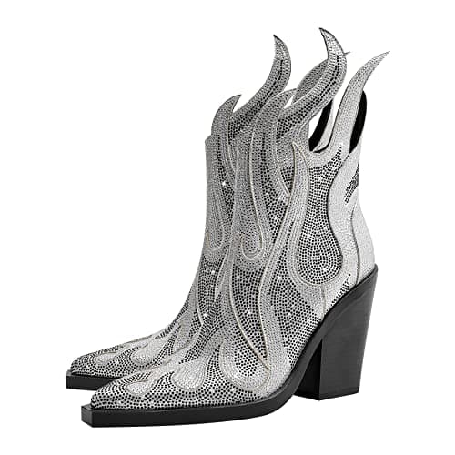 Feinlina Women's Sparkly Rhinestone Flame Heeled Boots