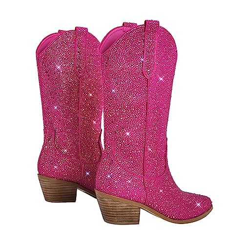Richealnana Women's Rhinestones Mid Calf Block Heel Boots with Crystals