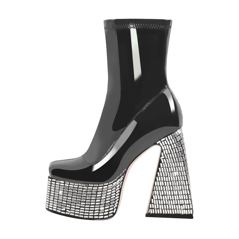 Richealnana Women's Ankle Booties Mid Calf Patent Leather Rhinestones Heels — Black