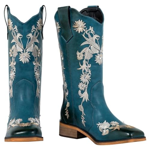 SheSole Women's Floral Rhinestones Square Toe Cowboy Boots