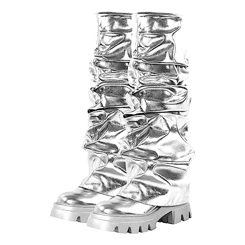 Richealnini Women's Metallic Knee High Pull-On Slouch Heels