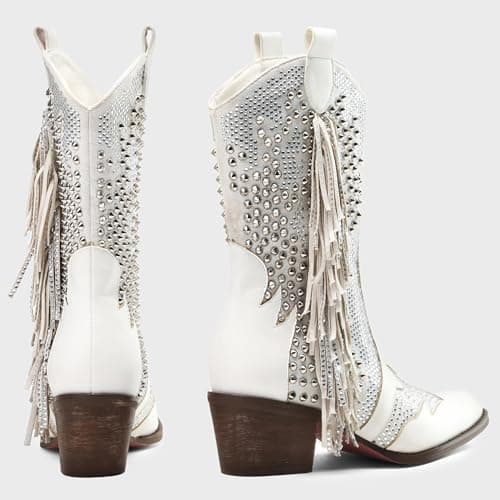 Western Women's Pointed Toe Rhinestone Ankle Boots with Tassels