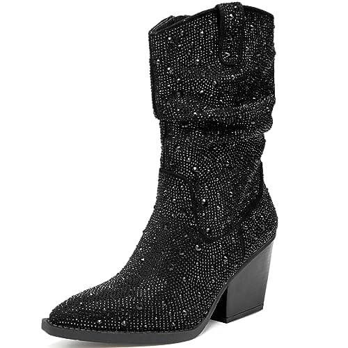 Rhinestone Boots for Women - Sparkly Cowboy Booties with Chunky Block Heel, Pearl Detail, and Pointed Toe — Black-1