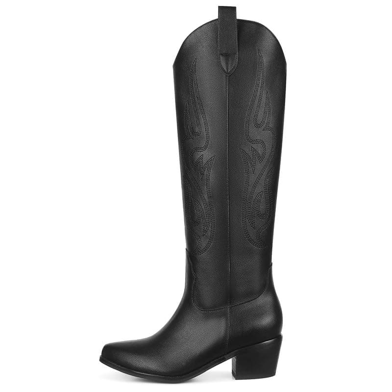 AMINUGAL Women's Black Western Knee High Cowgirl Boots, Embroidered, Chunky Heel, 13.77 inches — F-black