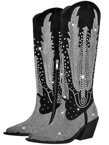 RONILURN Women's Black Knee High Cowboy Boot with Rhinestone Bling