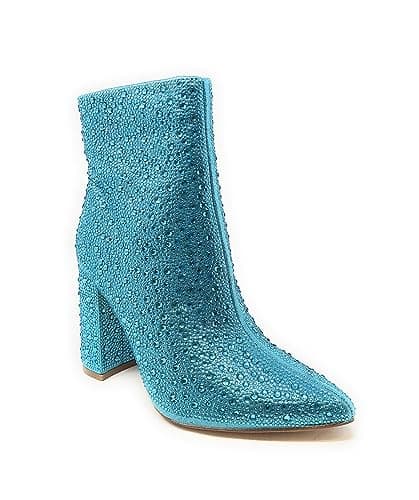 PAZZLE Women's Rhinestone Block Heel Short Knee High Booties Runway-01 — Blue