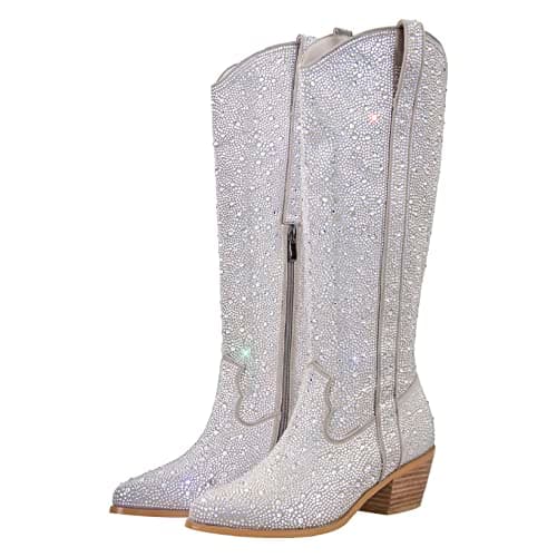 Richealnana Sparkly Rhinestone Calf High Boots for Women