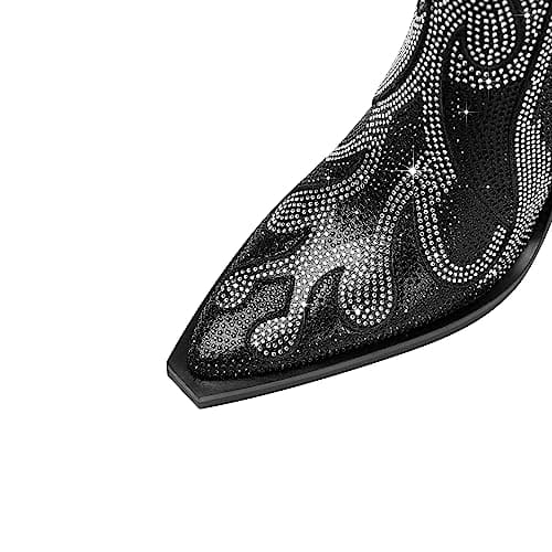 Feinlina Women's Sparkly Rhinestone PointedToe Chunky Heeled Cowboy Booties