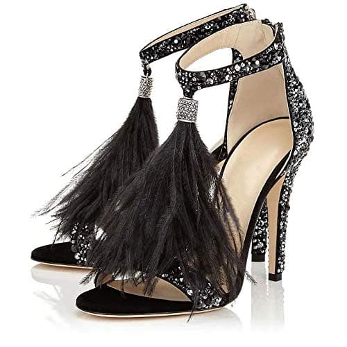 Hinyyrin Women's White Stiletto Heeled Rhinestone Tassels Wedding Sandals — Black