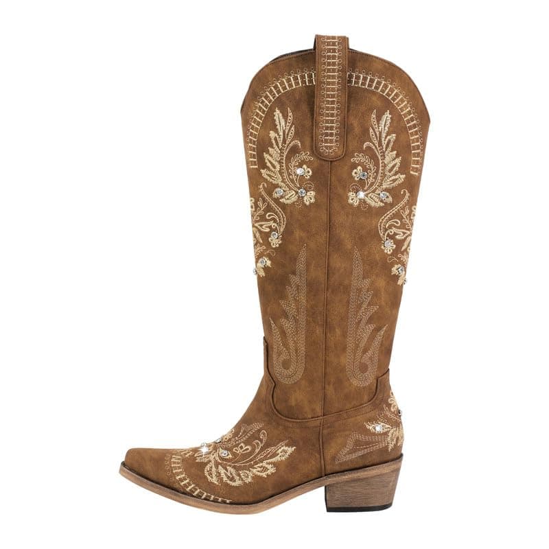 Richealnana Women's Cowgirl Short Embroidered Boots with Chunky Heels — Brown-d
