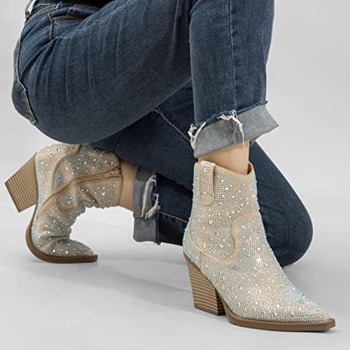 MaxMuxun Women's Sparkly Rhinestone Cowboy Boots Heel Booties