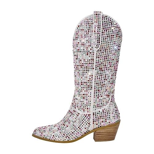 Richealnana Women's Rhinestone Sparkling Mid-Calf Boots