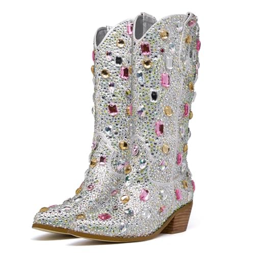 Sparkle Rhinestone Cowboy Boots for Women Western Mid Calf Glitter Pull-on Zipper Boots — Gem Silver