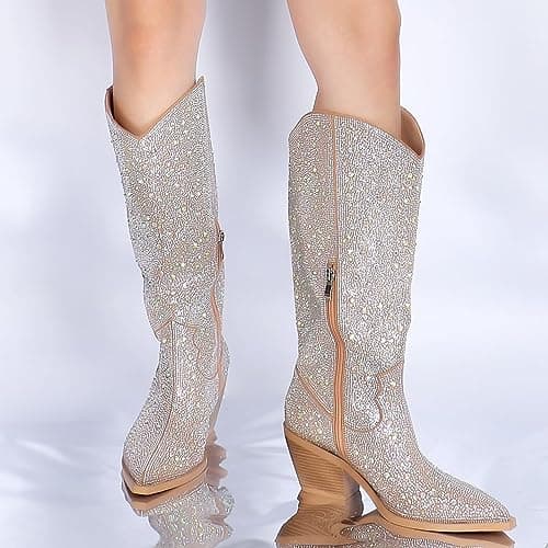 Lunhonk Women's Sparkly Rhinestone Western Boot - Pointed Toe, Mid-Calf, Pull-On Heel Boot