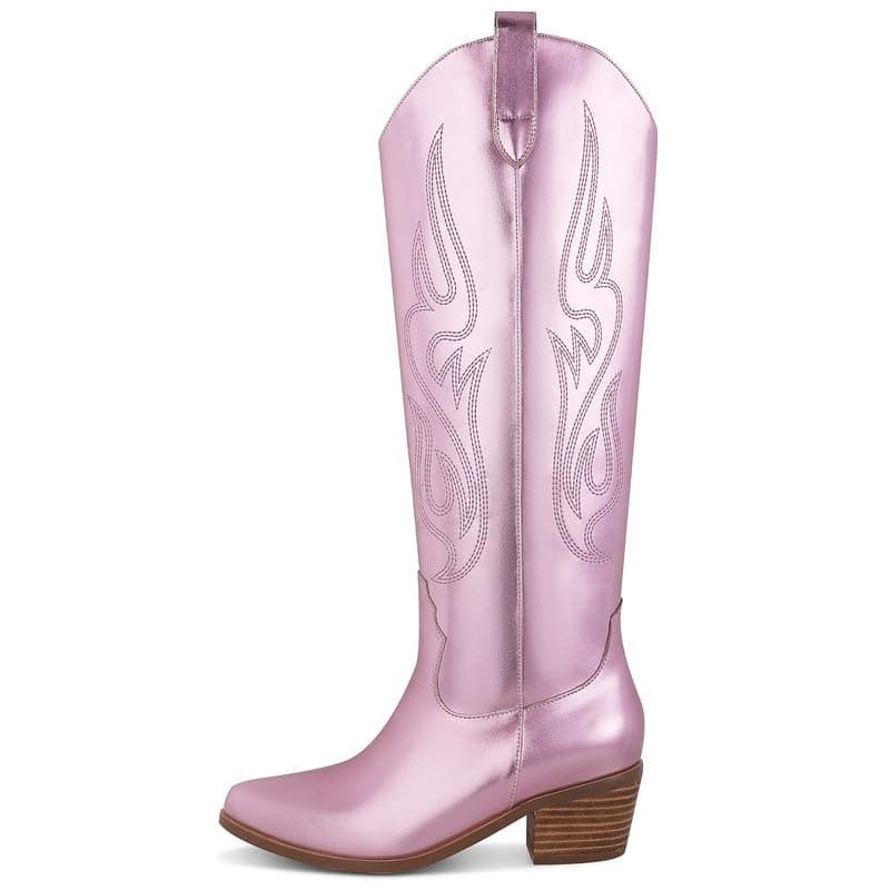 AMINUGAL Women's Black Western Knee High Cowgirl Boots, Embroidered, Chunky Heel, 13.77 inches — F-pink