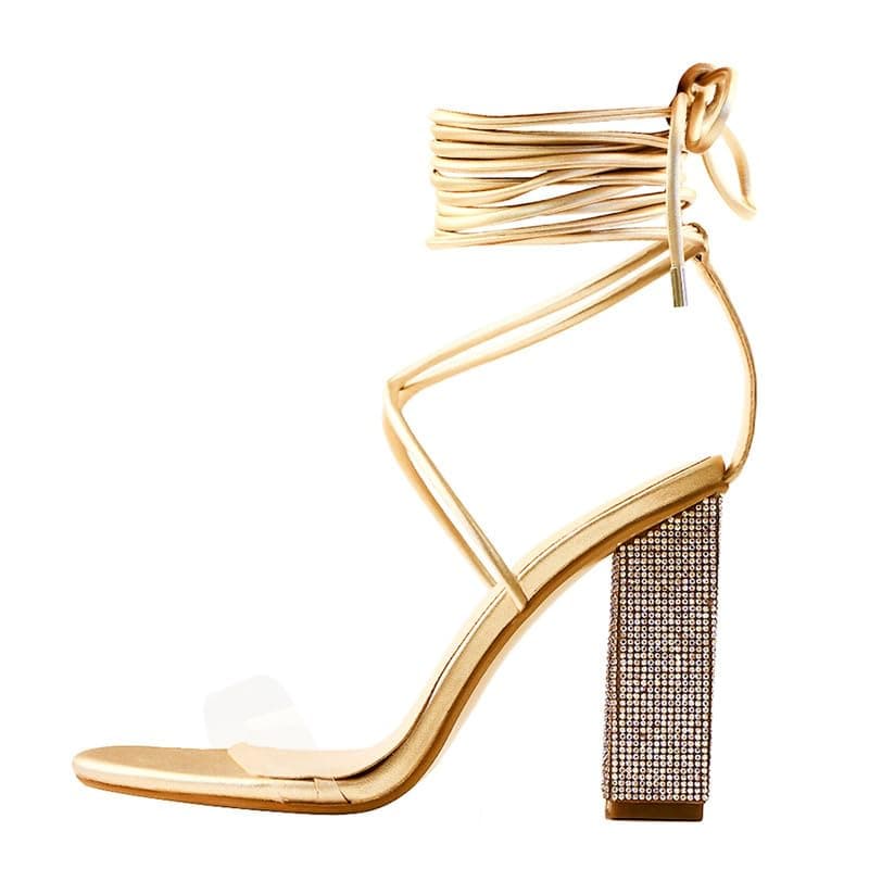 Richealnana Women's Rhinestone Ankle Wrap Heeled Lace-Up Sandals — Gold