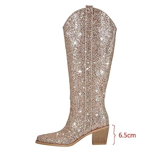 LISHAN Women's Rhinestone Knee High Boots with Chunky Heel Pull-On Shoes