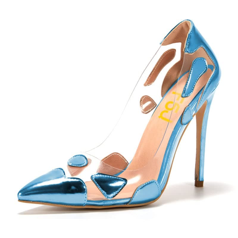 FSJ Women's Studded Pointed Toe Transparent High Heels with Bowknot US 4-15 M — Blue