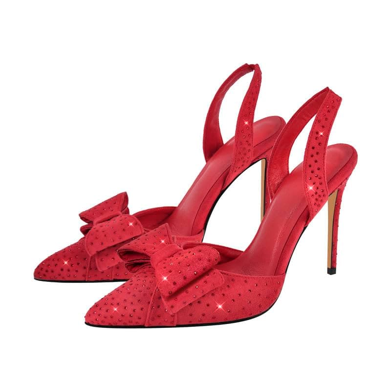 Richealnana Women's Rhinestones Bow Slingback Pointed Toe Stilettos Sandals for Party Prom Wedding — Red