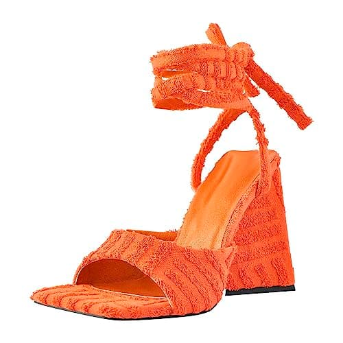 Richealnana Women's Square Toe Chunky Heel Strappy Sandals — Orange