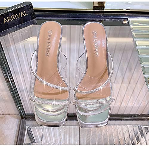 Richealnana Women's Clear Strap Rhinestone Square Toe Sandal Mules