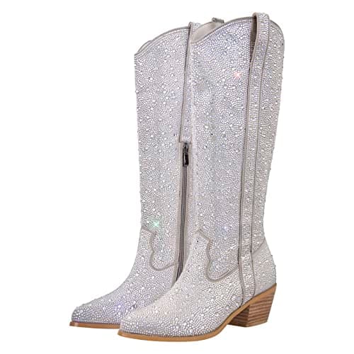MissHeel Sparkly Rhinestones Knee-High Boots Chunky Heels — Silver