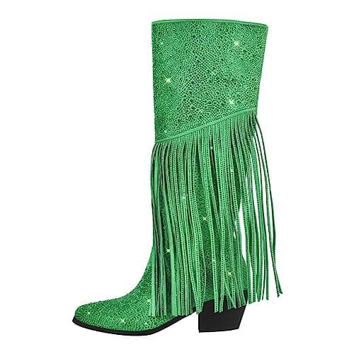 Women's Sparkle Rhinestone Clear Gems Calf High Boots — Tassel Green