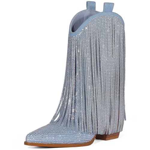 HICLOTSA Sparkly Rhinestone Western Ankle Boots for Women — Denim