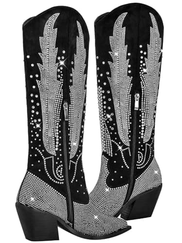 RONILURN Women's Black Knee High Cowboy Boot with Rhinestone Bling
