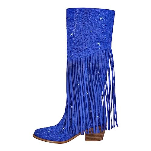 Women's Sparkle Rhinestone Clear Gems Calf High Boots — Tassel Blue