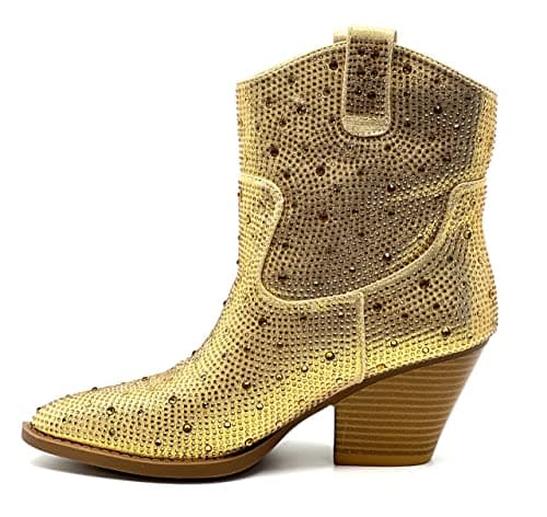 Forever Women's Rhinestone Mid-Calf Knee High Ankle Booties — Gold Rhinestone