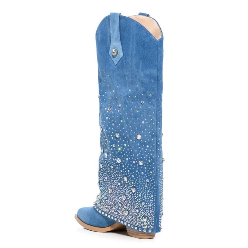 Sexyluxe Women's Sparkly Rhinestone Cowboy Bootie Knee High Jean Boots
