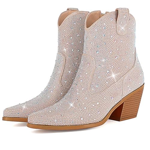 FIFSY Women's Glitter Rhinestone Chunky Heel Ankle Boots… — Beige Style2