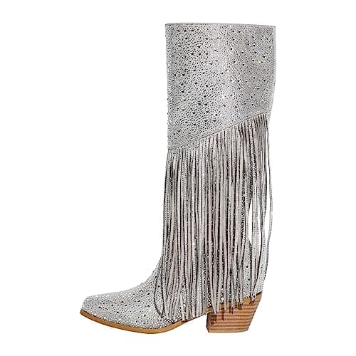 Women's Sparkle Rhinestone Clear Gems Calf High Boots — Tassel Silver
