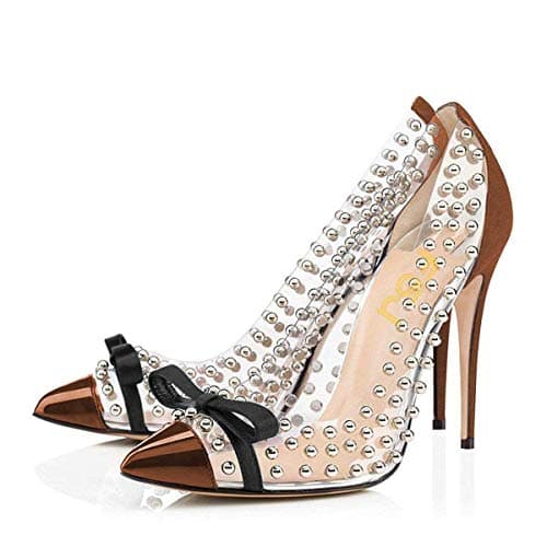 FSJ Women's Studded Pointed Toe Transparent High Heels with Bowknot US 4-15 M — Brown