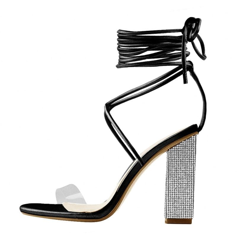 Richealnana Women's Rhinestone Ankle Wrap Heeled Lace-Up Sandals — Black