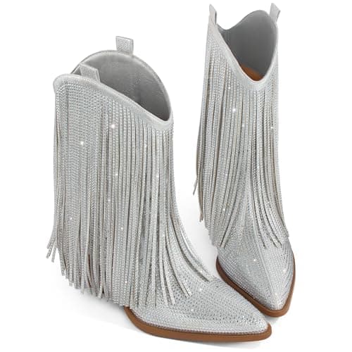 Ouepiano Women's Rhinestone Cowboy Boots with Sparkly Fringe