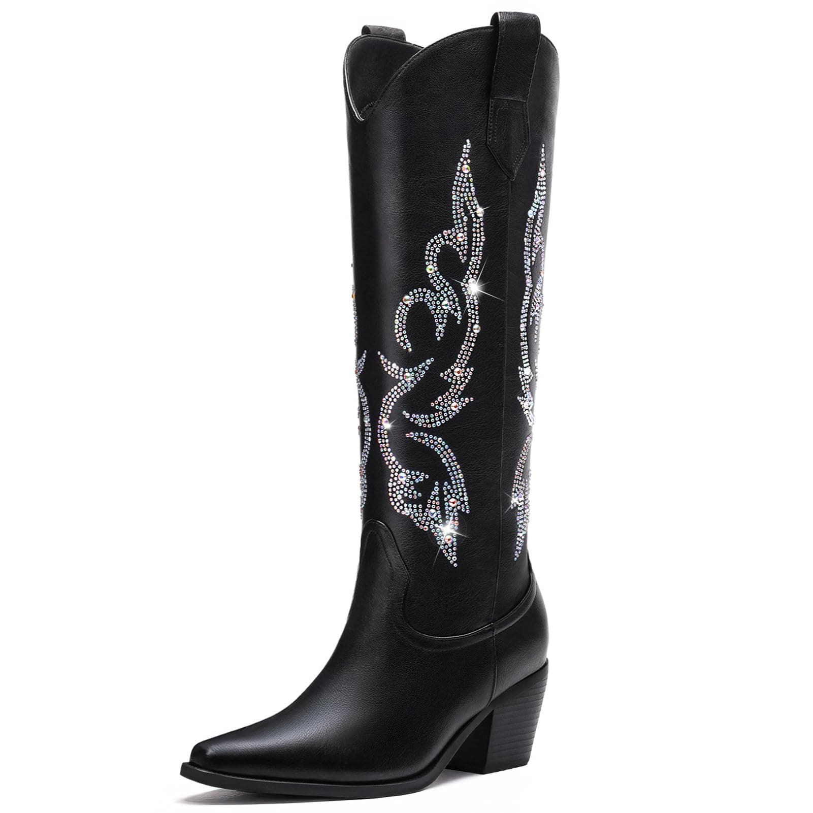Platikly Women's Wide Calf Rhinestone Knee High western Boots with Glitter Zipper