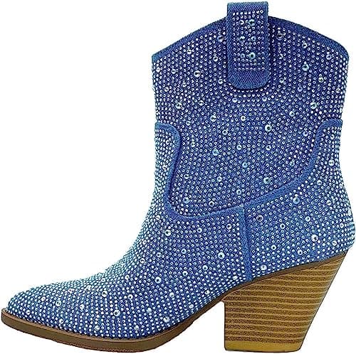 Forever Women's Rhinestone Mid-Calf Knee High Ankle Booties — Blue Denim 01