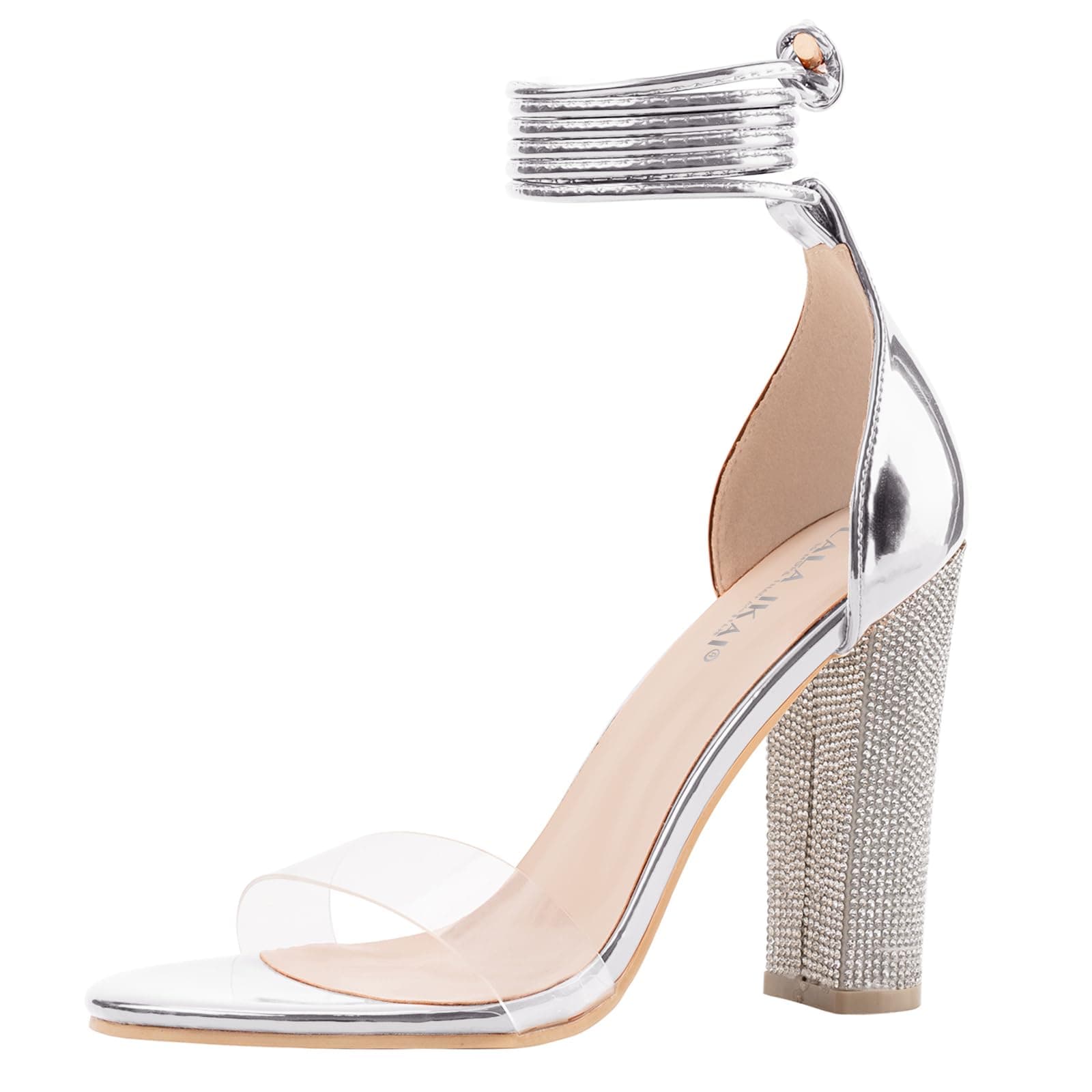 LALA IKAI Chunky Heeled Open Toe Sandals, White, Silver, Gold, Black