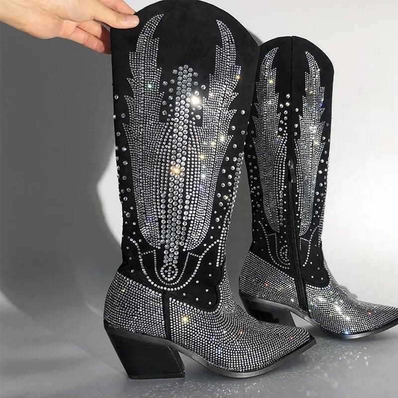 RONILURN Women's Black Knee High Cowboy Boot with Rhinestone Bling
