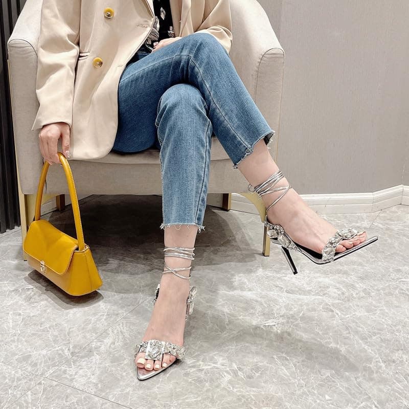 LISHAN Women's Rhinestone Anklet Strappy Pointed Heel High Heels Lace-Up Sandals