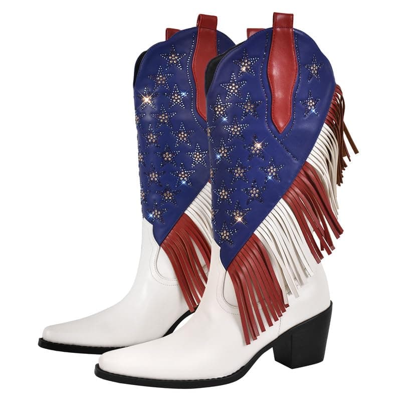 Richealnana Women's Calf High Tassel Fringe Cowgirls Boots Multicolor