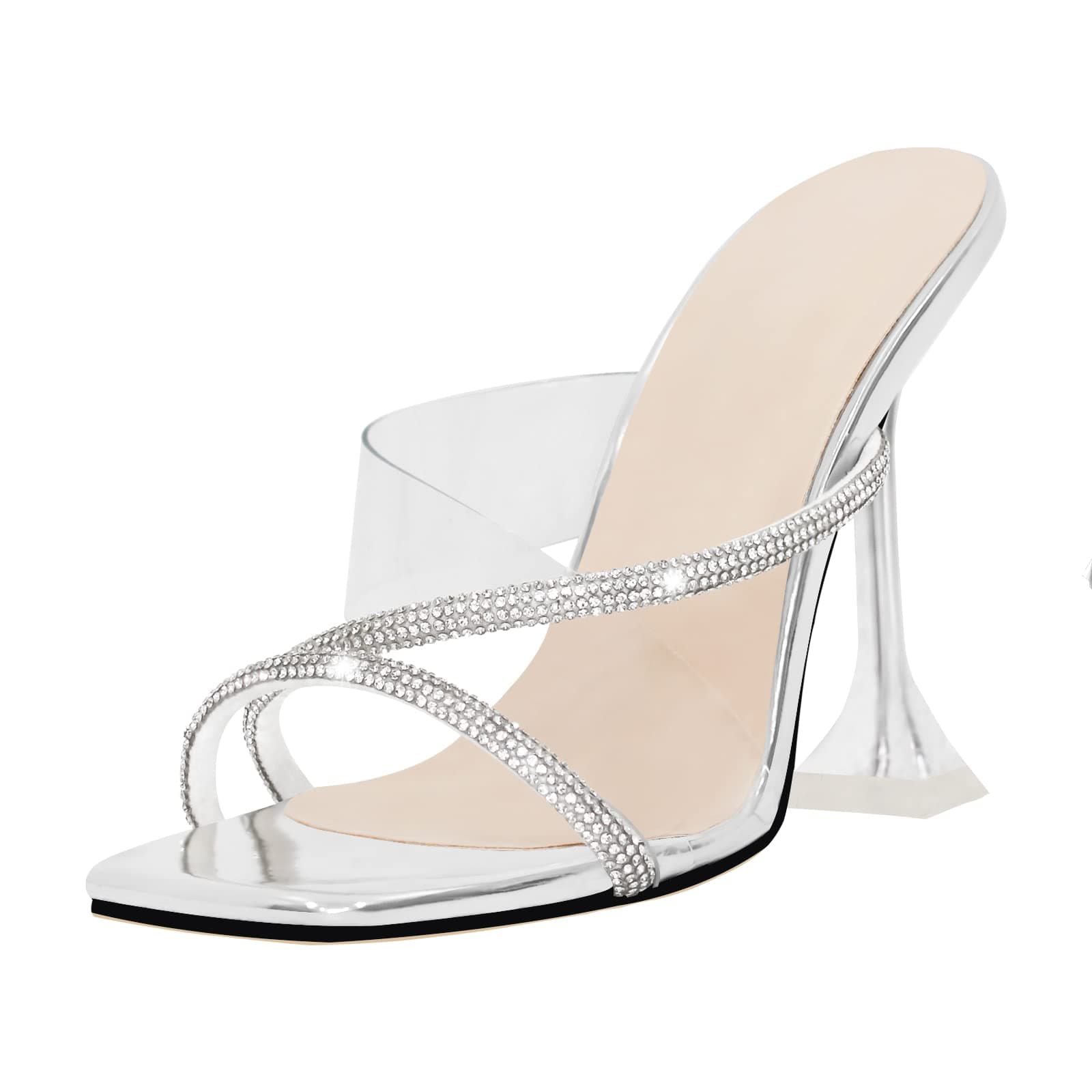 Richealnana Women's Clear Strap Rhinestone Square Toe Sandal