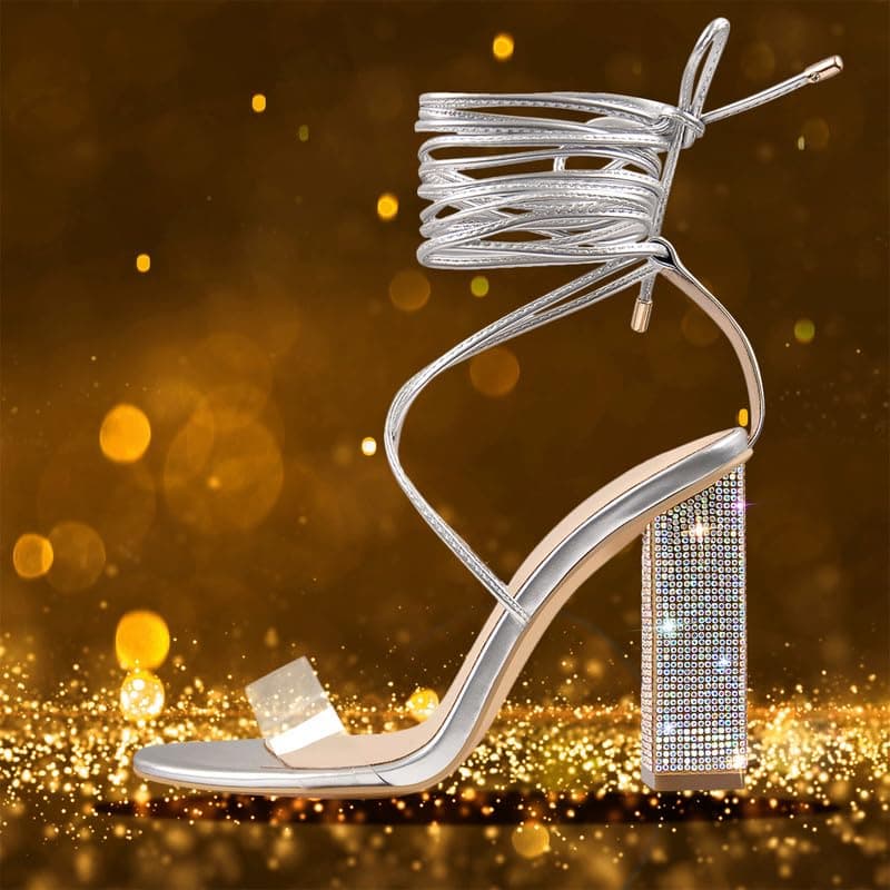Richealnana Women's Rhinestone Ankle Wrap Heeled Lace-Up Sandals
