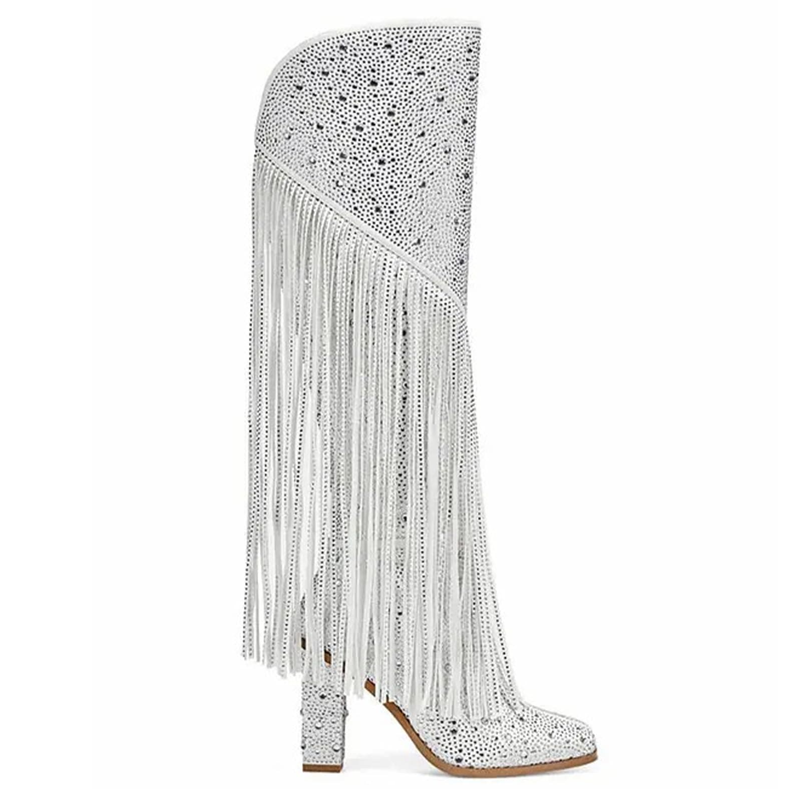 Ouepiano Women's Fringe Rhinestone Zipper Knee High Cowboy Boots for Girls Party Date