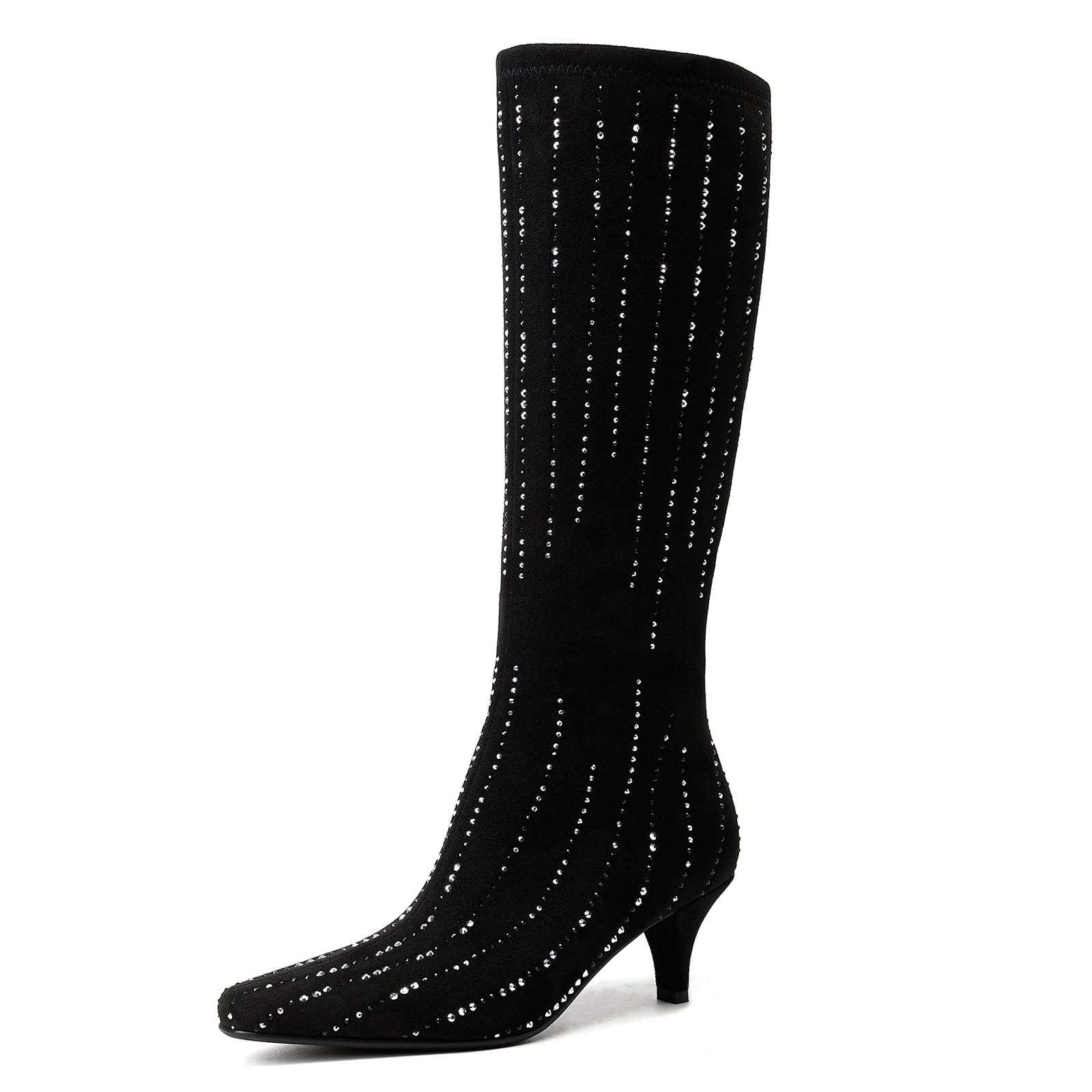 GOSERCE Women's Black Rhinestone Knee High Sparkly Stiletto Heel Boots