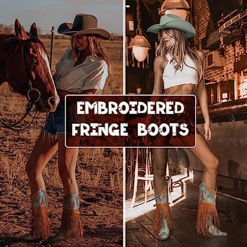 SaraIris Women's Fashion Pointed Toe Western Bootie, 2.75" Heel, Embroidered Fringe, Mid Calf Boots